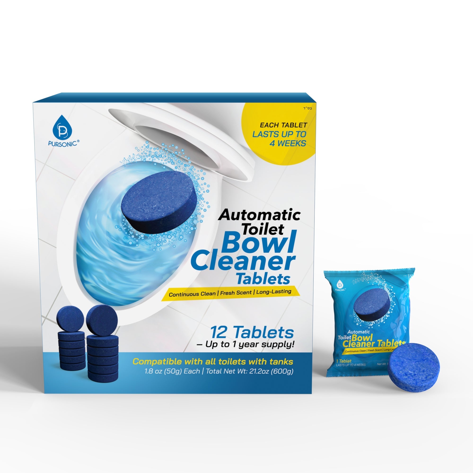 Pursonic Automatic Toilet Bowl Cleaner Tablets | Stain & Odor Removal, Long-Lasting Freshness, Blue Water Indicator