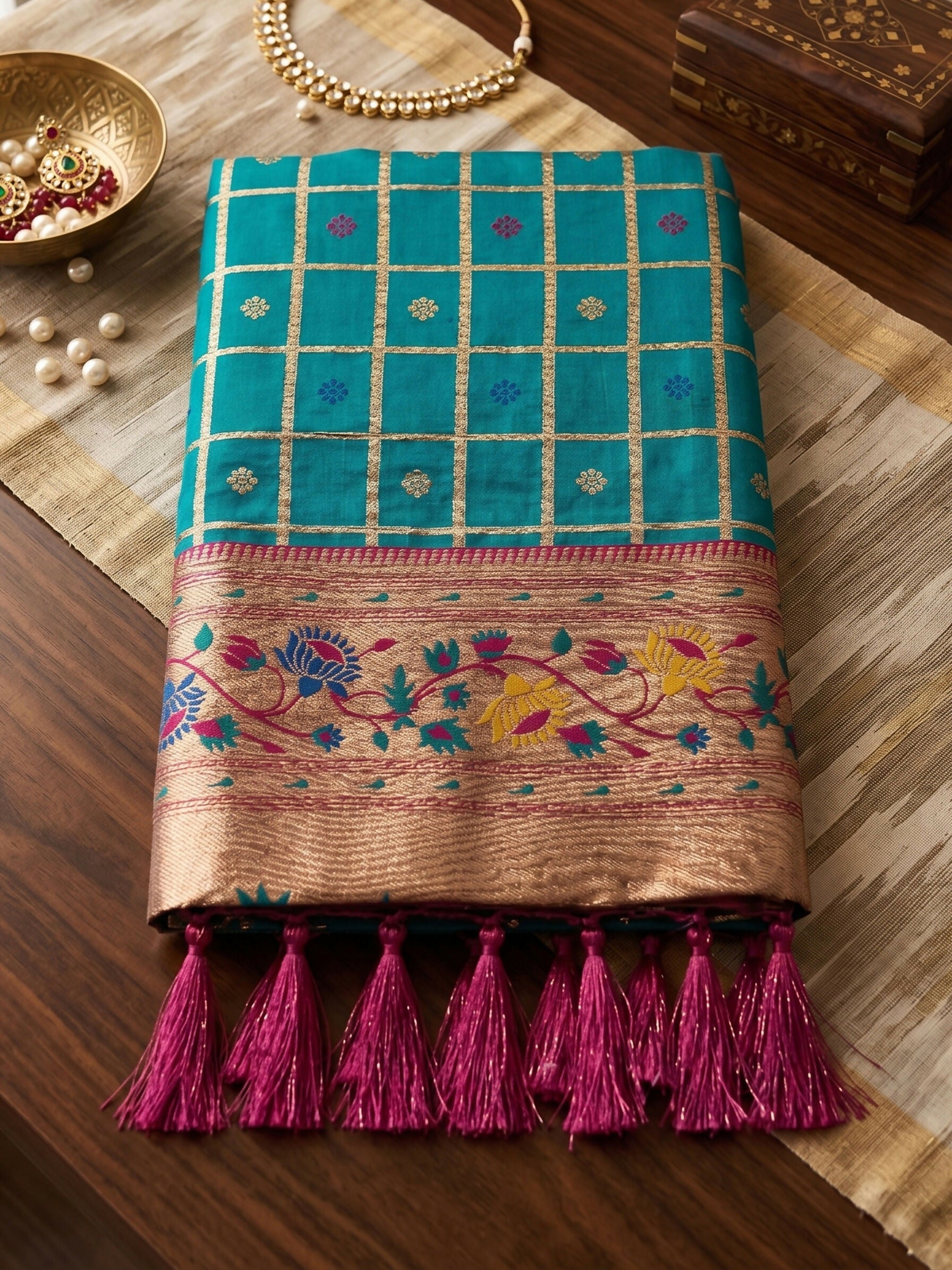 Turquoise Banarasi Silk Blend Saree with Matching Blouse Piece