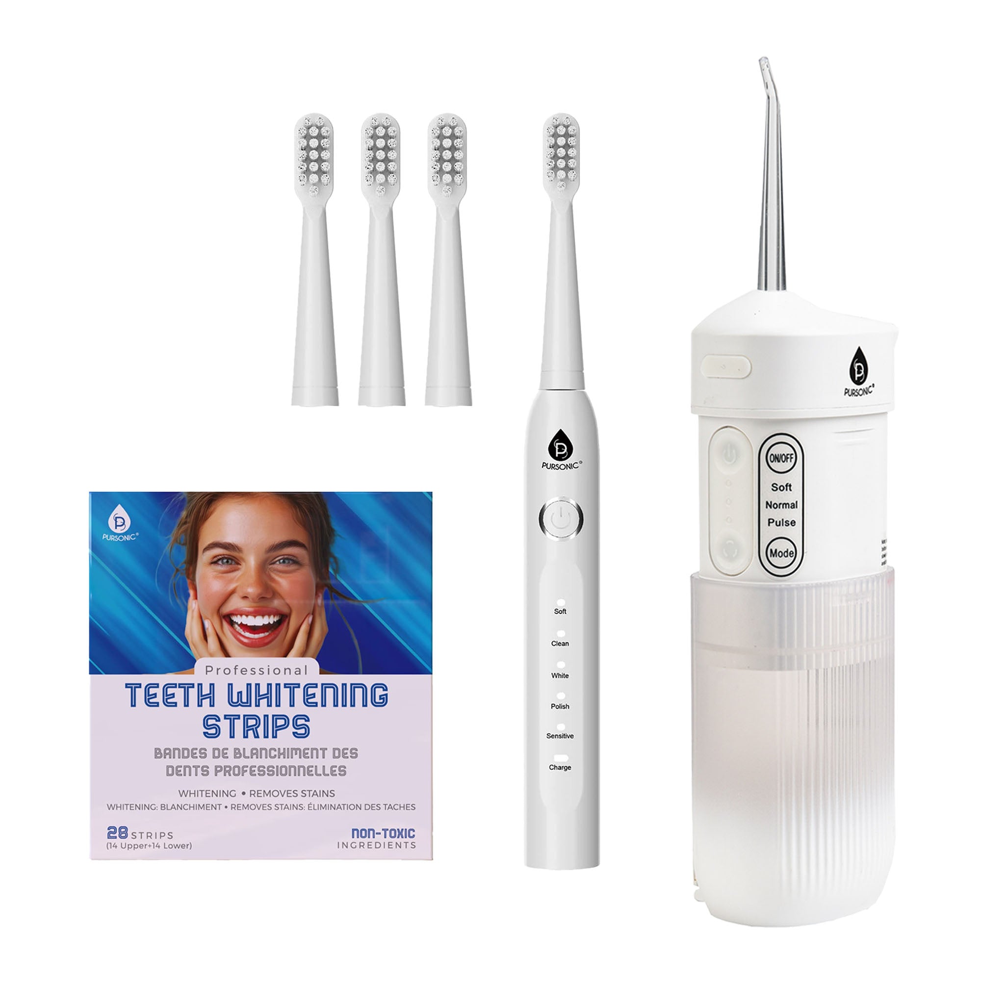Pursonic PowerSmile Bundle – USB Rechargeable Sonic Toothbrush, Collapsible Water Flosser & Professional Teeth Whitening Strips for a Complete Oral Care System