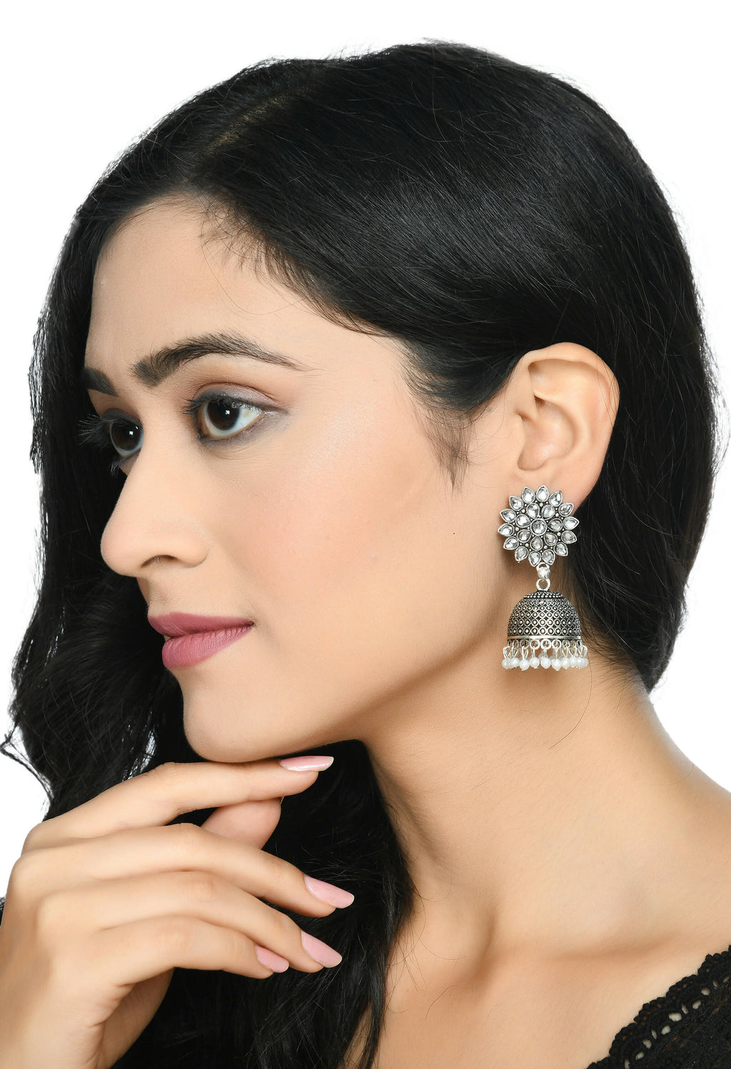 Joharkamal Kundan Jhumka Earrings with White Beads