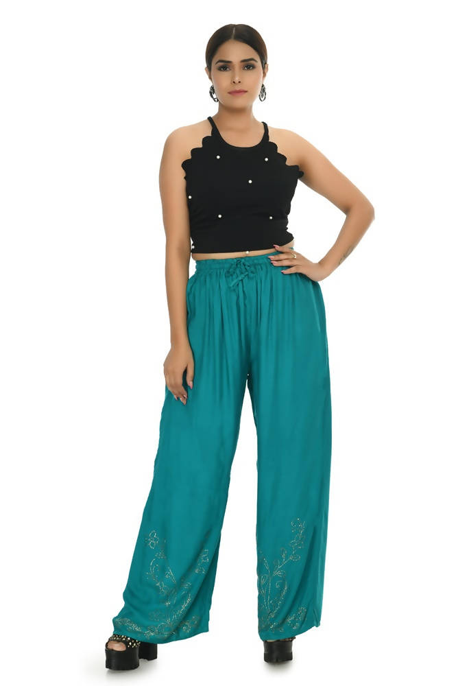 Rama Green Rayon Cotton Palazzo with Sirsoki Work