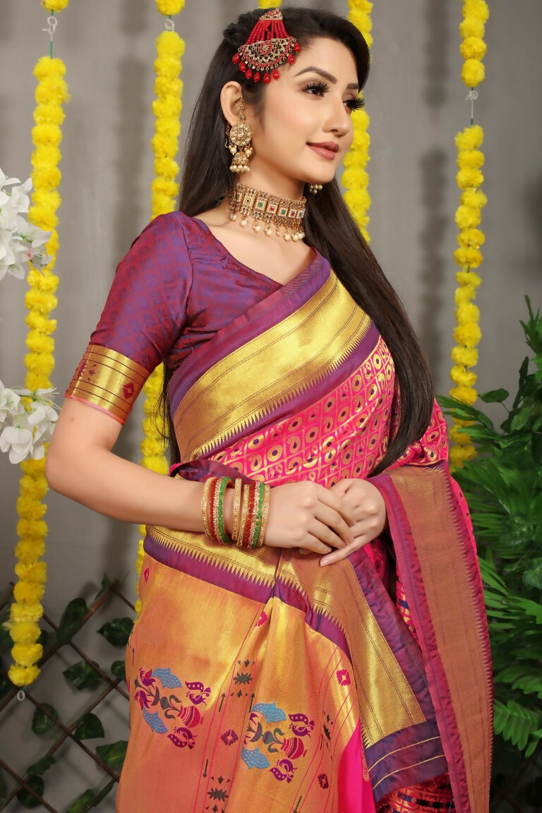 Pink Banarasi Silk Saree with Zari Woven Detail and Purple Blouse