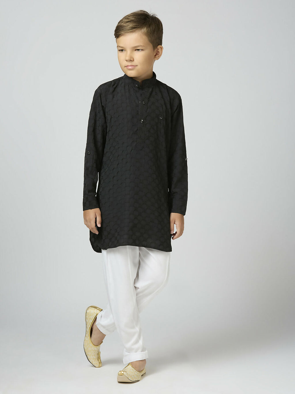 Boys Black Cotton Kurta and Pyjama Set for Festive Occasions