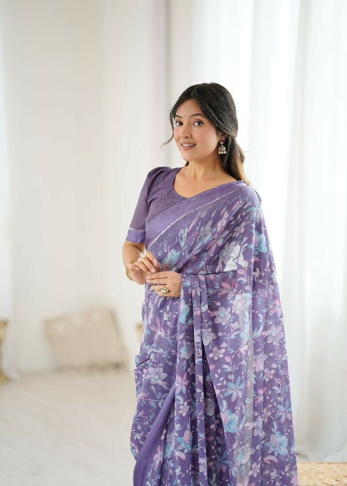 Lavender Bright Moss Satin Patta Printed Saree and Blouse