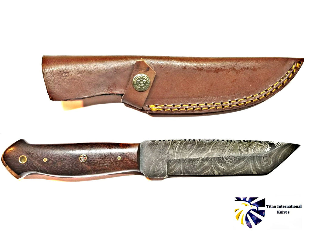 Rugged Damascus Steel Fixed Blade Knife with Walnut Handle