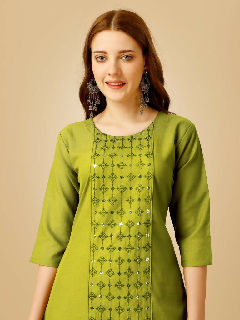 Women's Green Cotton Blend Embroidered Sequence Kurta Pant Set