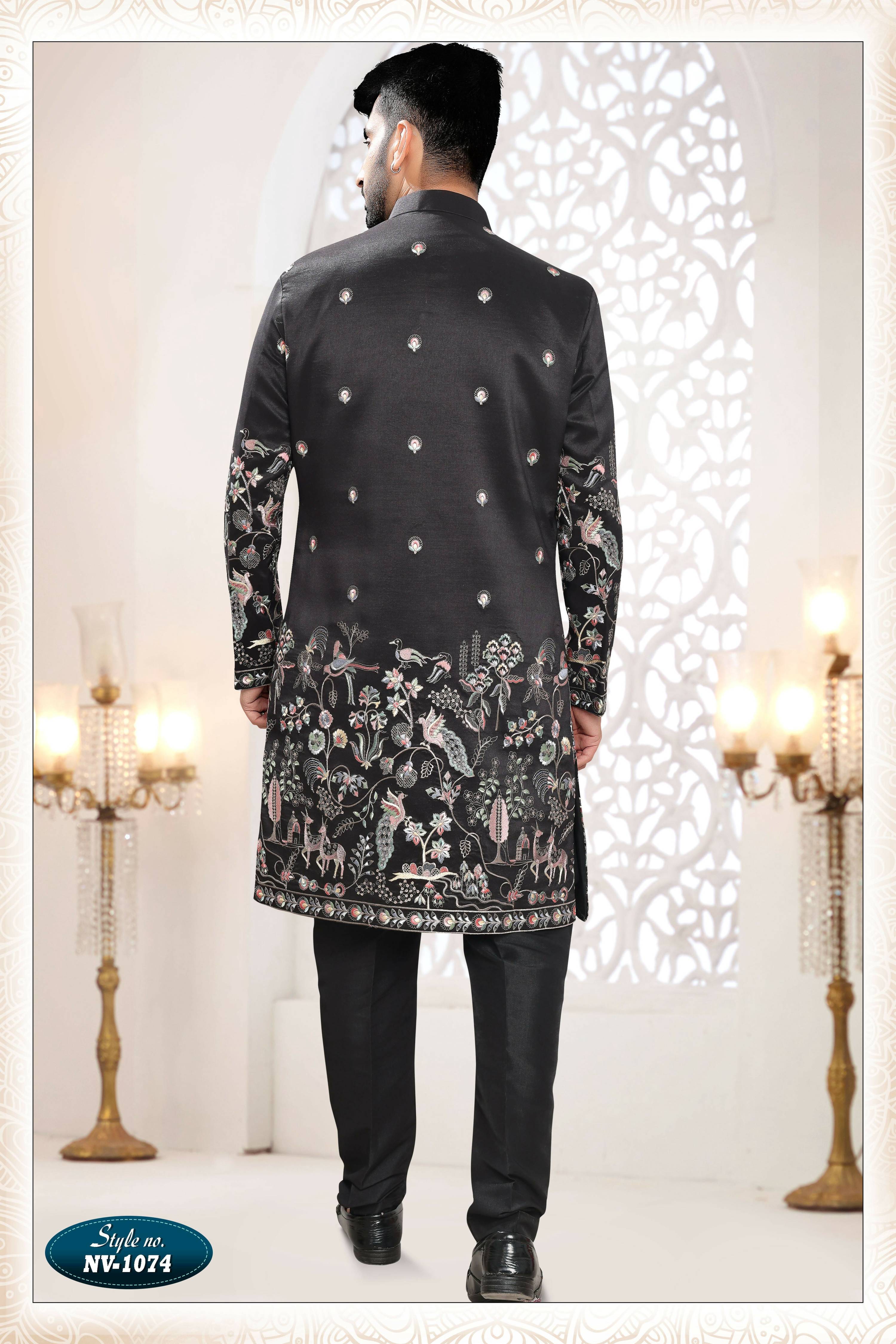 Men's Black Silk Thread and Sequence Embroidered 3 Pc Kurta Set