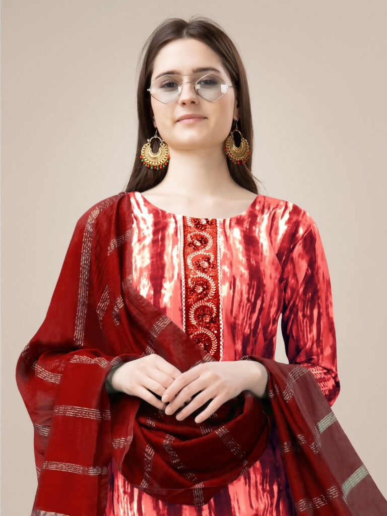 Women's Orange Rayon Printed Kurta Set with Embroidery and Dupatta