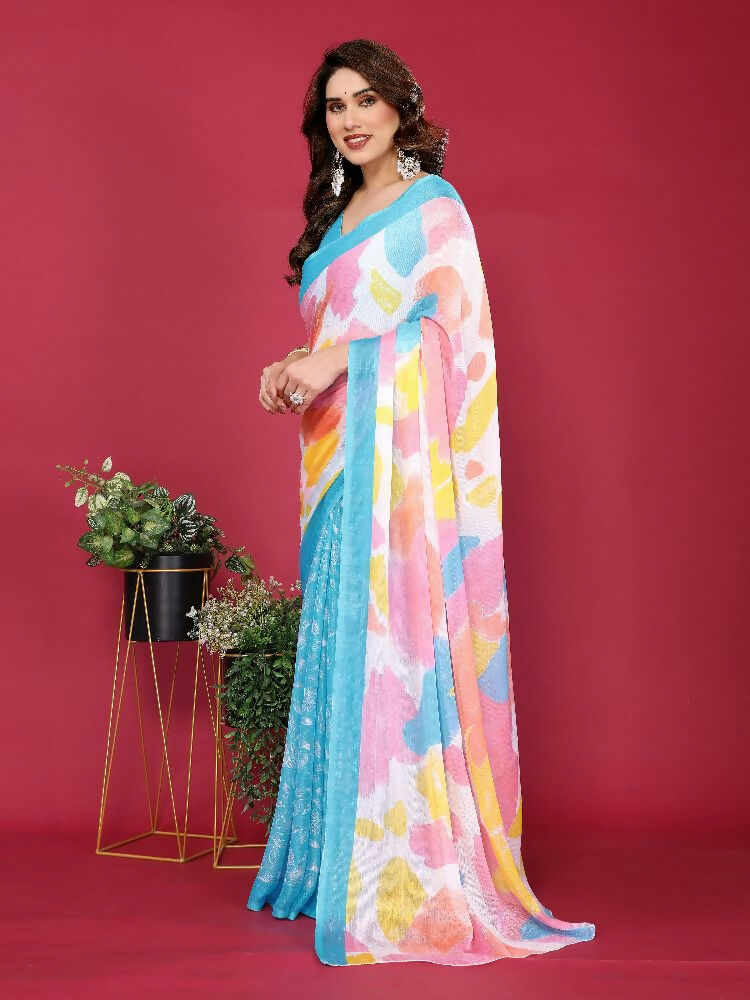 Sky Moss Chiffon Printed Saree with Matching Blouse