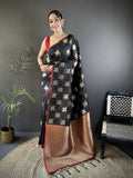 Black soft silk Banarasi saree with elephant motifs and pink blouse