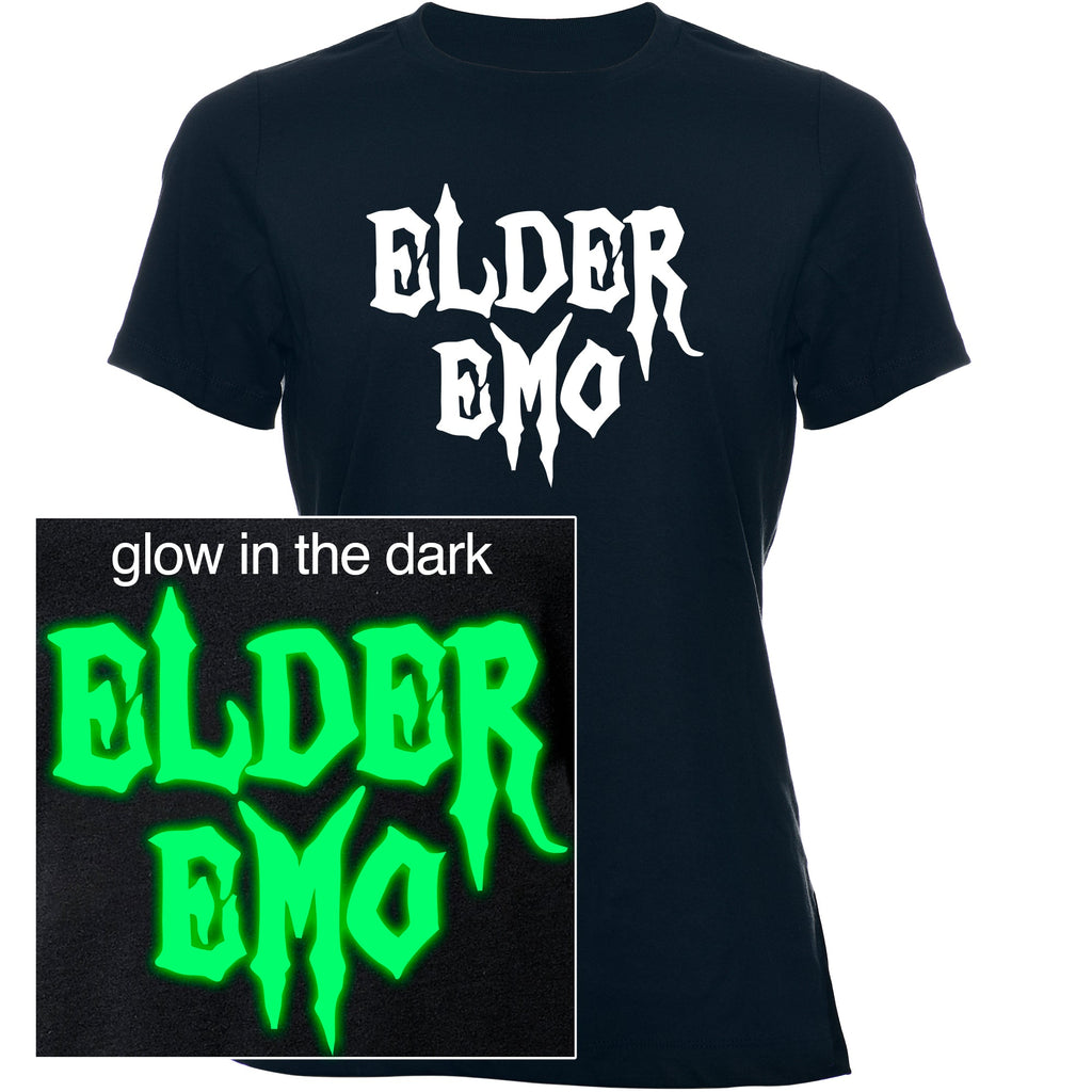 Black short-sleeve crew neck t-shirt with 'Elder Emo' text that glows green in the dark