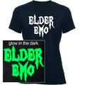 Black short-sleeve crew neck t-shirt with 'Elder Emo' text that glows green in the dark