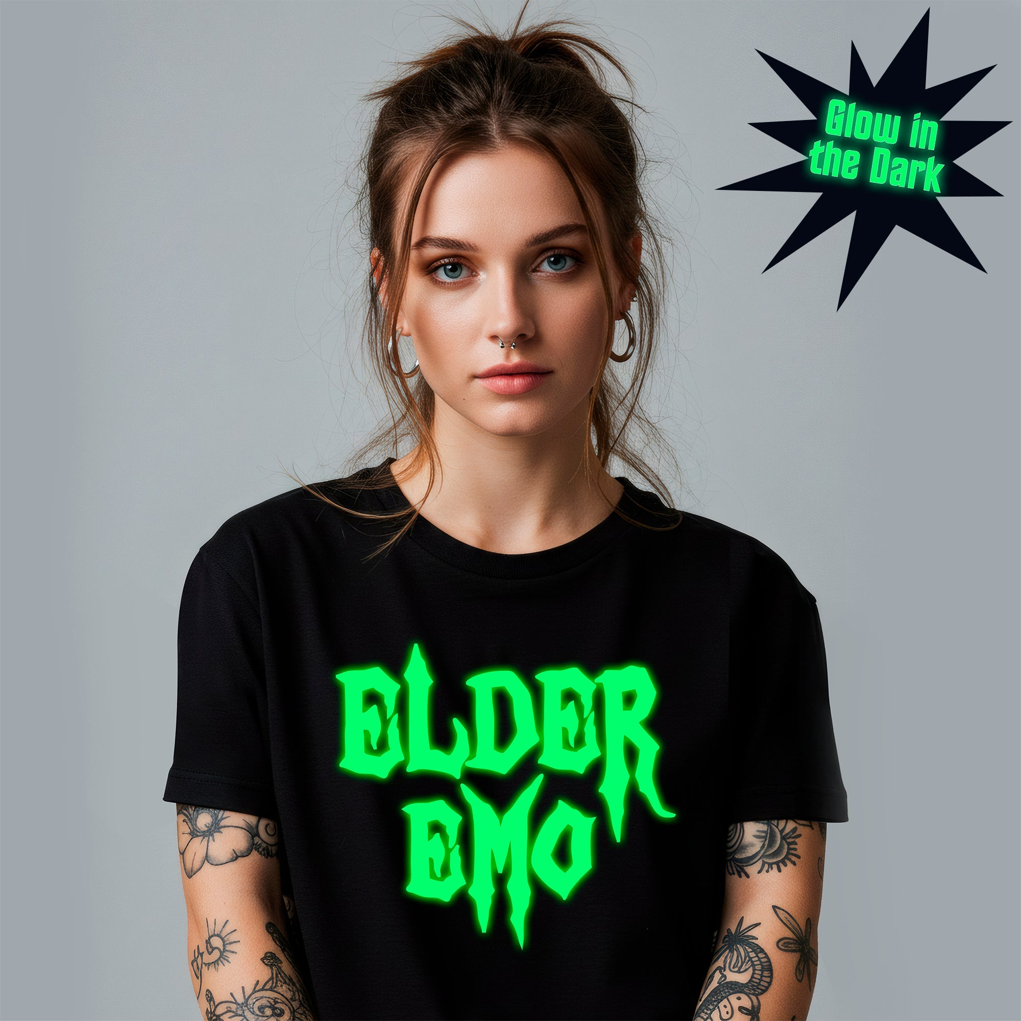 Glow in the Dark Elder Emo Black Crew Neck T-Shirt - Image 2