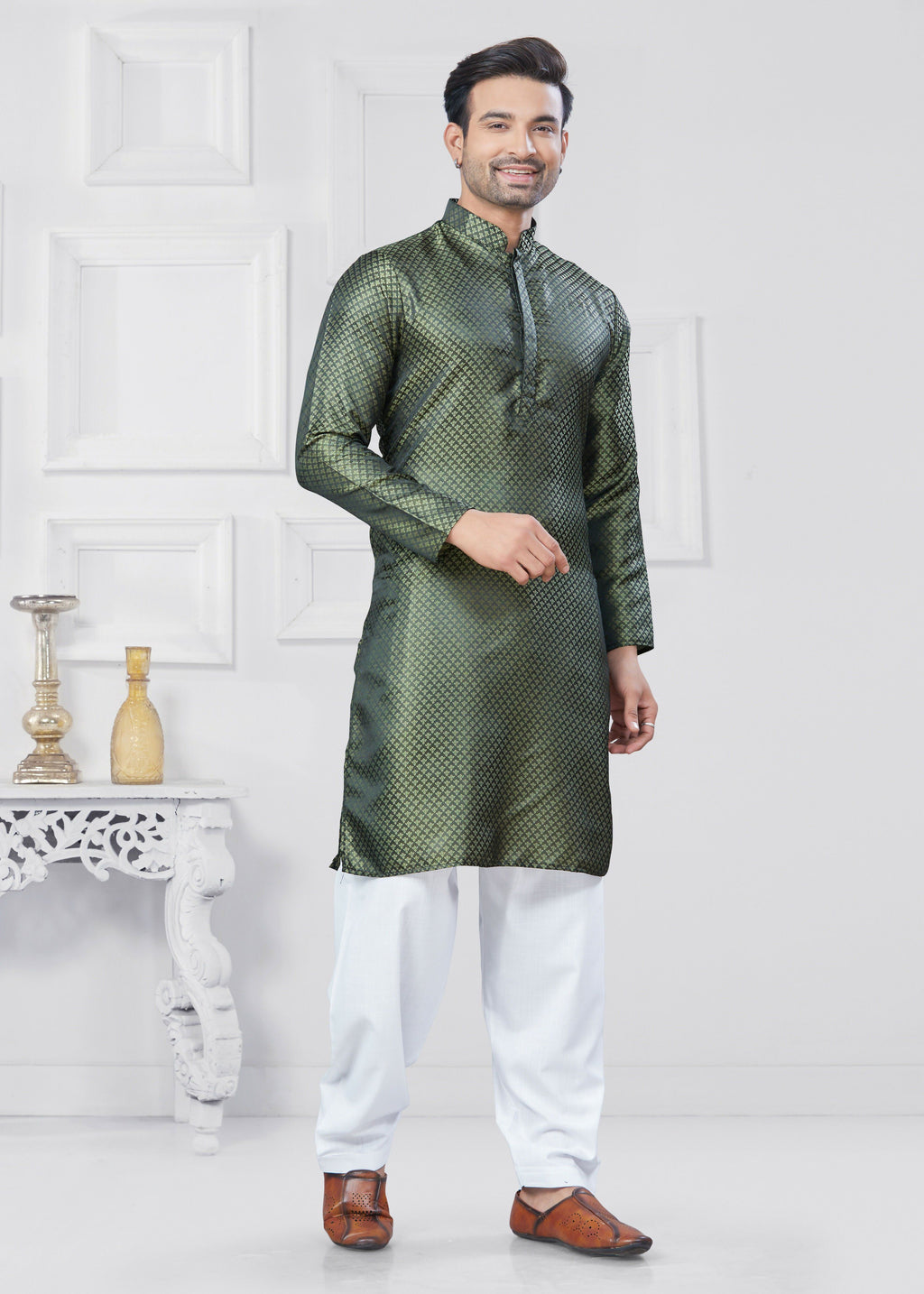 Men's Jacquard Silk Green Printed Kurta Pyjama Set - Traditional