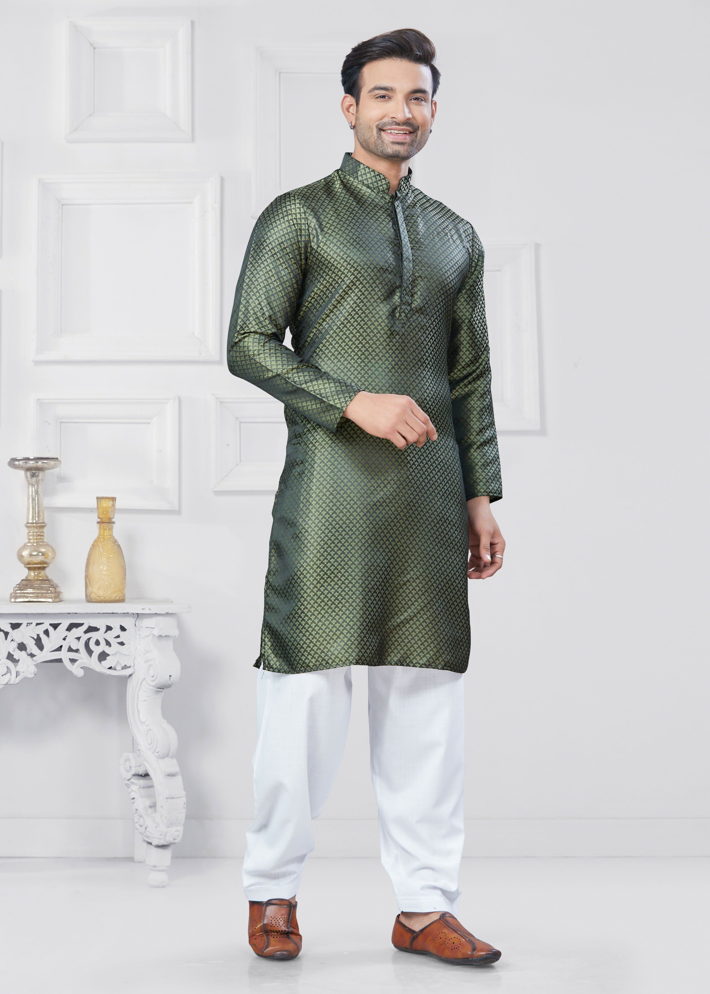 Men's Jacquard Silk Green Printed Kurta Pyjama Set - Traditional
