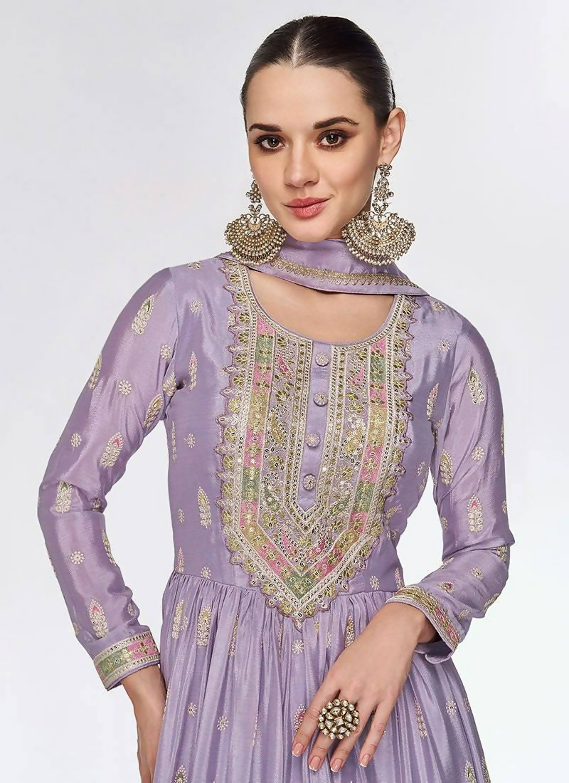 Lavender Chinon Embroidery Sequins Work Stitched Gown