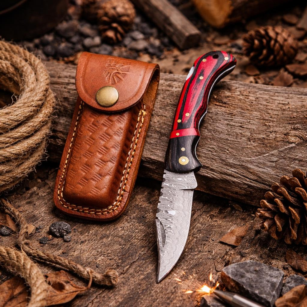 Damascus steel trailing point knife with red and black Pakkawood handle and leather sheath