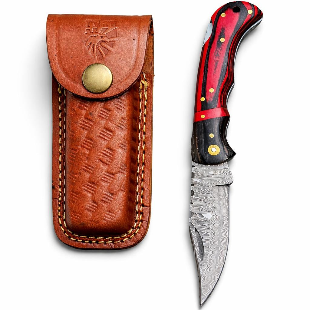 Trailing Point Damascus Pocket Knife with Pakkawood Handle