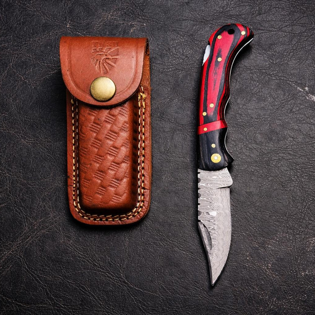 Trailing Point Damascus Pocket Knife with Pakkawood Handle