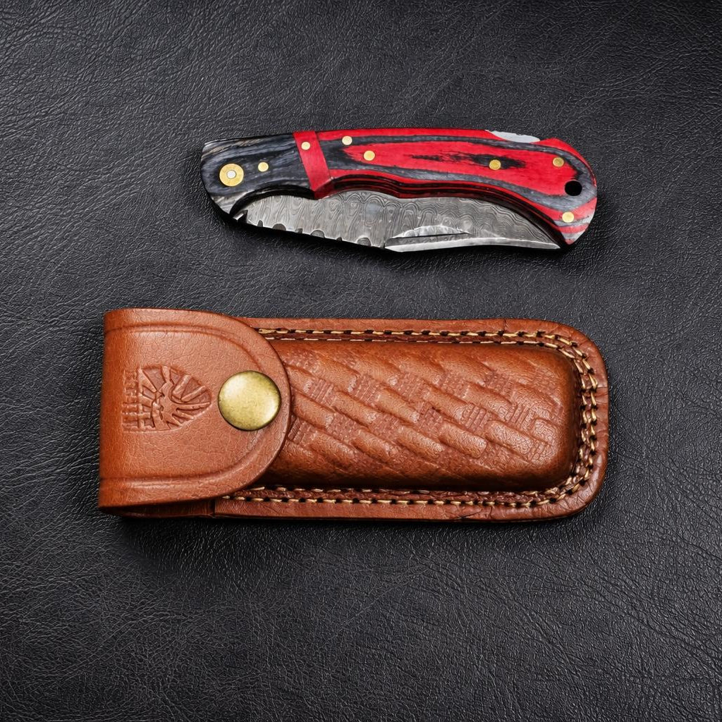 Trailing Point Damascus Pocket Knife with Pakkawood Handle