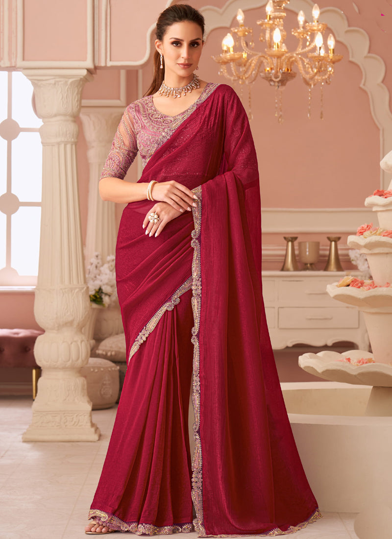 Red Georgette embroidered saree with unstitched blouse