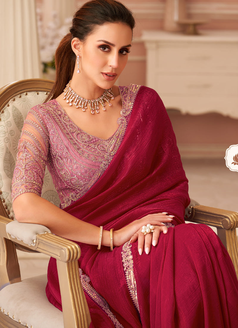 Red Georgette Embroidered Party Wear Saree with Blouse Piece