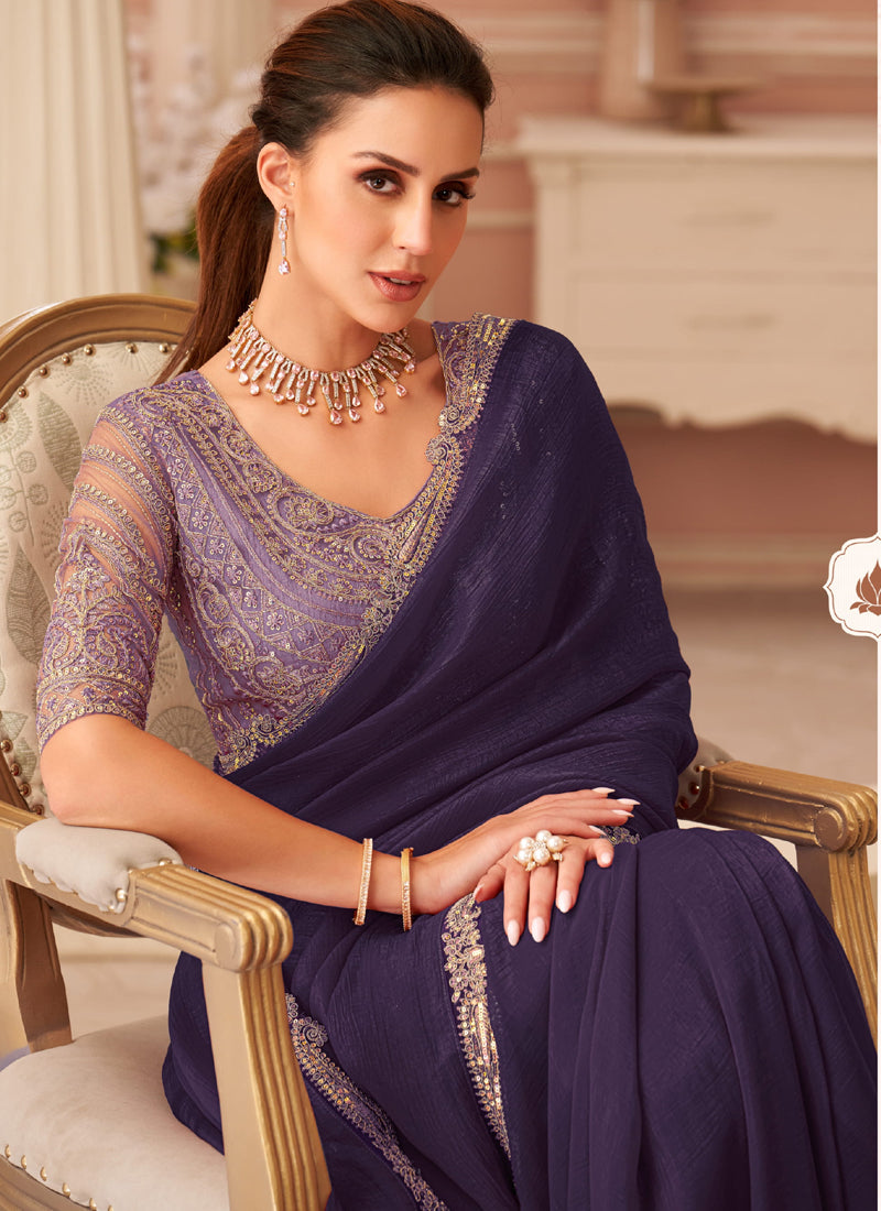 Violet Georgette Embroidered Party Wear Saree with Blouse