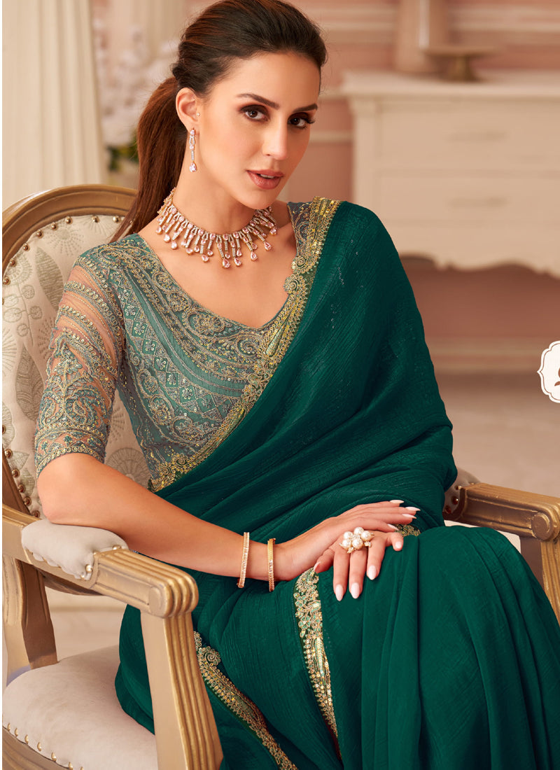 Green Georgette Embroidered Party Wear Saree with Unstitched Blouse