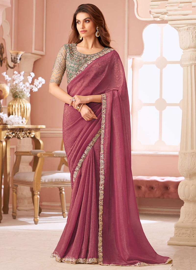Onion pink embroidered Georgette party wear saree with unstitched blouse