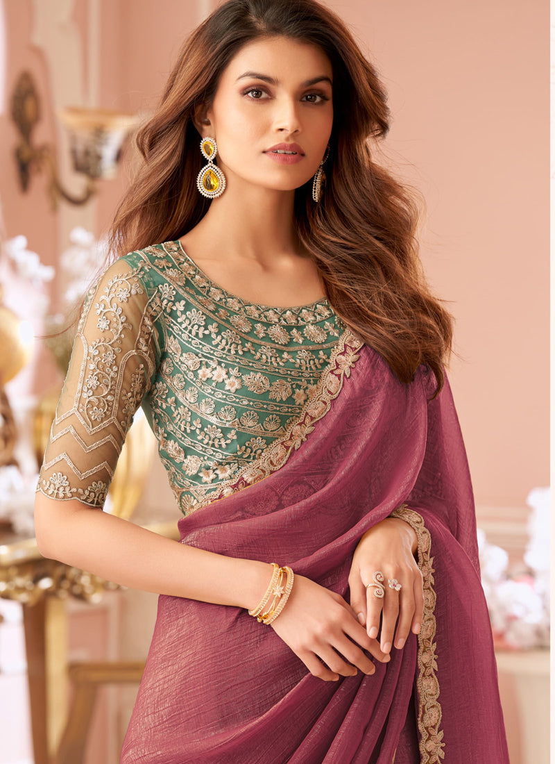 Onion Pink Georgette Embroidered Party Wear Saree