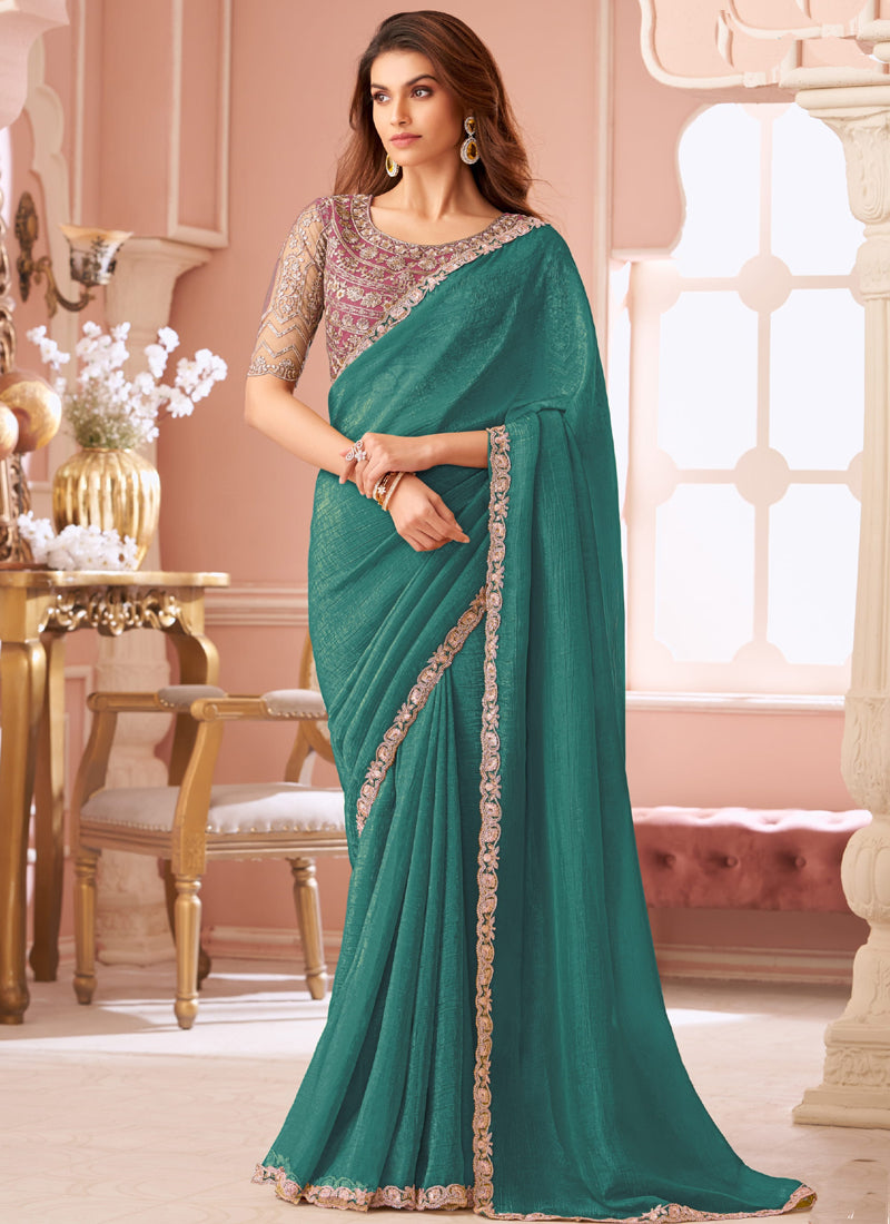 Turquoise georgette embroidered party wear saree