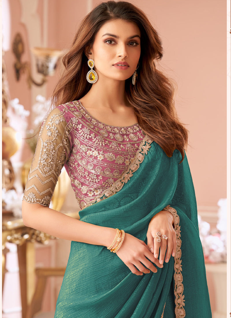 Turquoise Georgette Embroidered Party Wear Saree with Unstitched Blouse