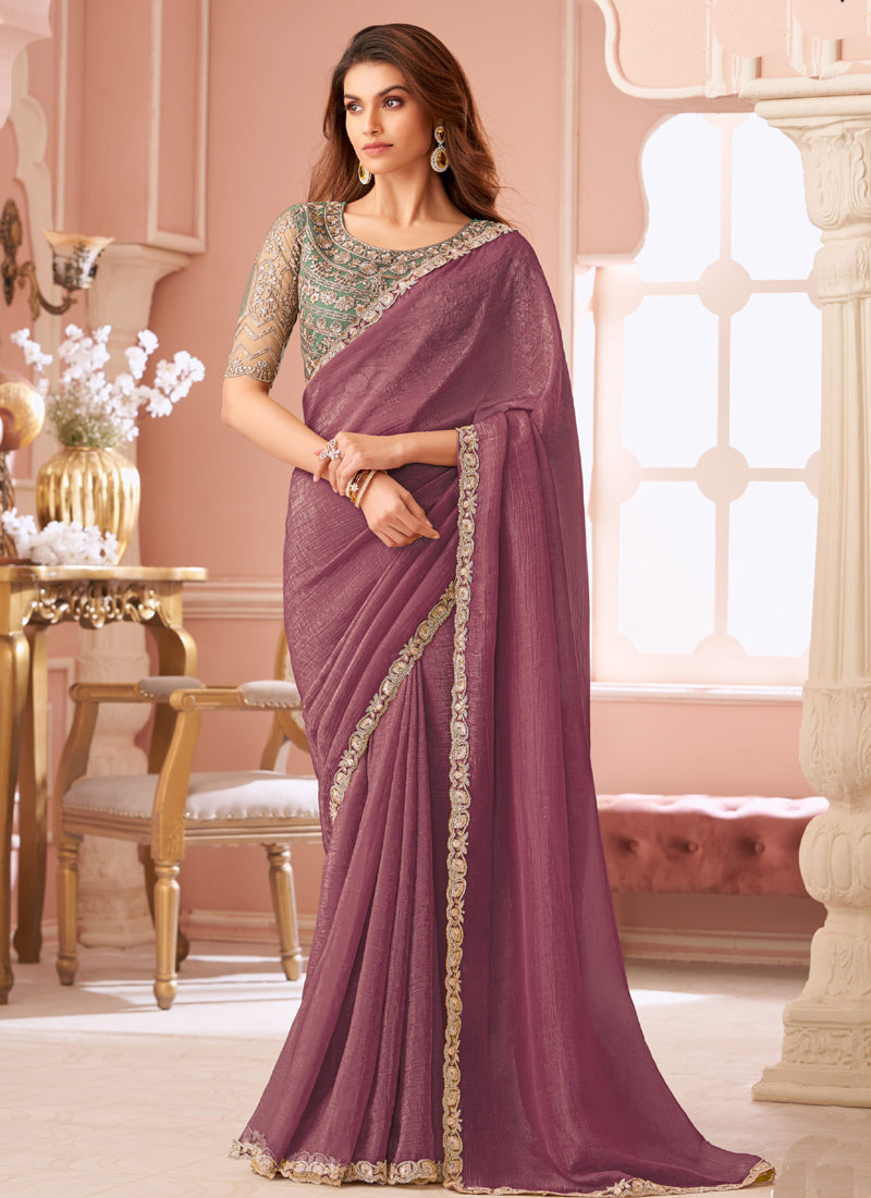 Onion pink Georgette embroidered party saree
