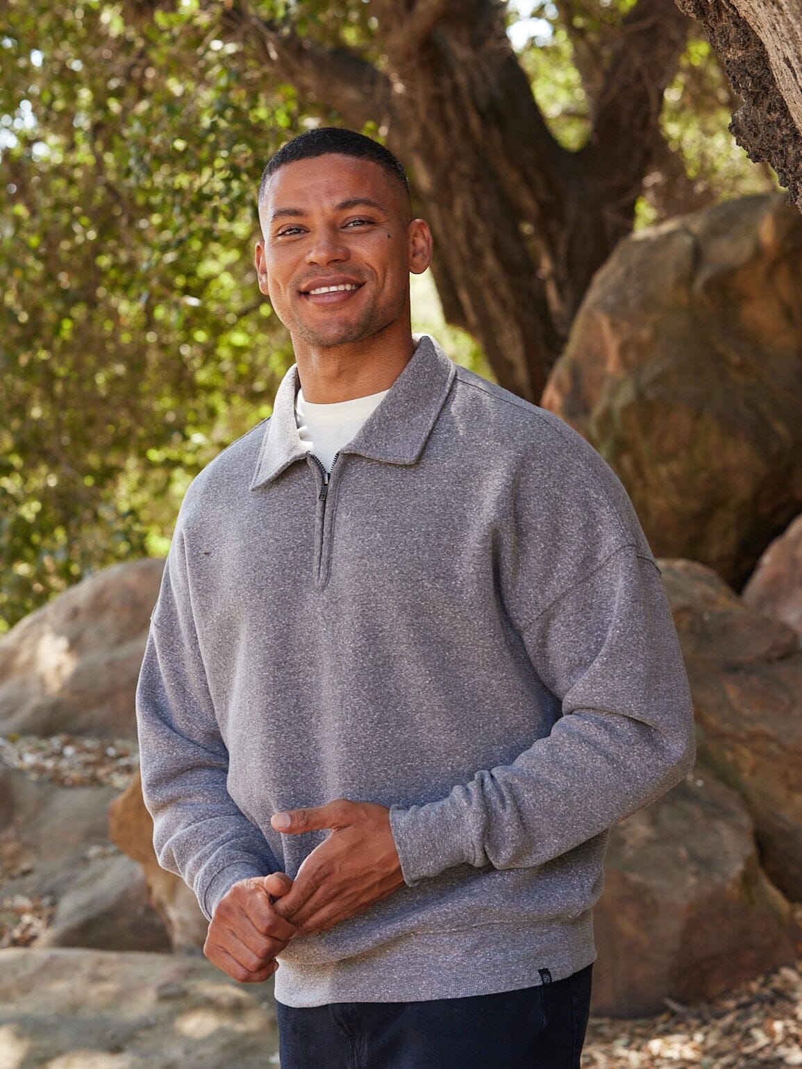 Men's Gabe Triblend Fleece 1/4 Zip Polo in grey, athletic-casual style