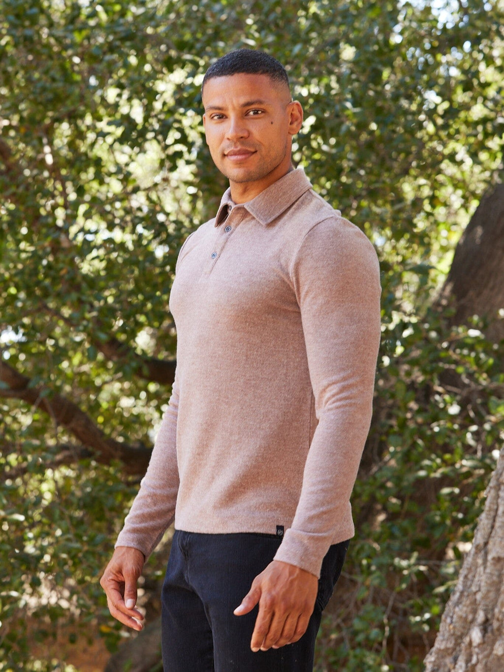 Men's Henrique long sleeve sweater knit polo in solid taupe and brown