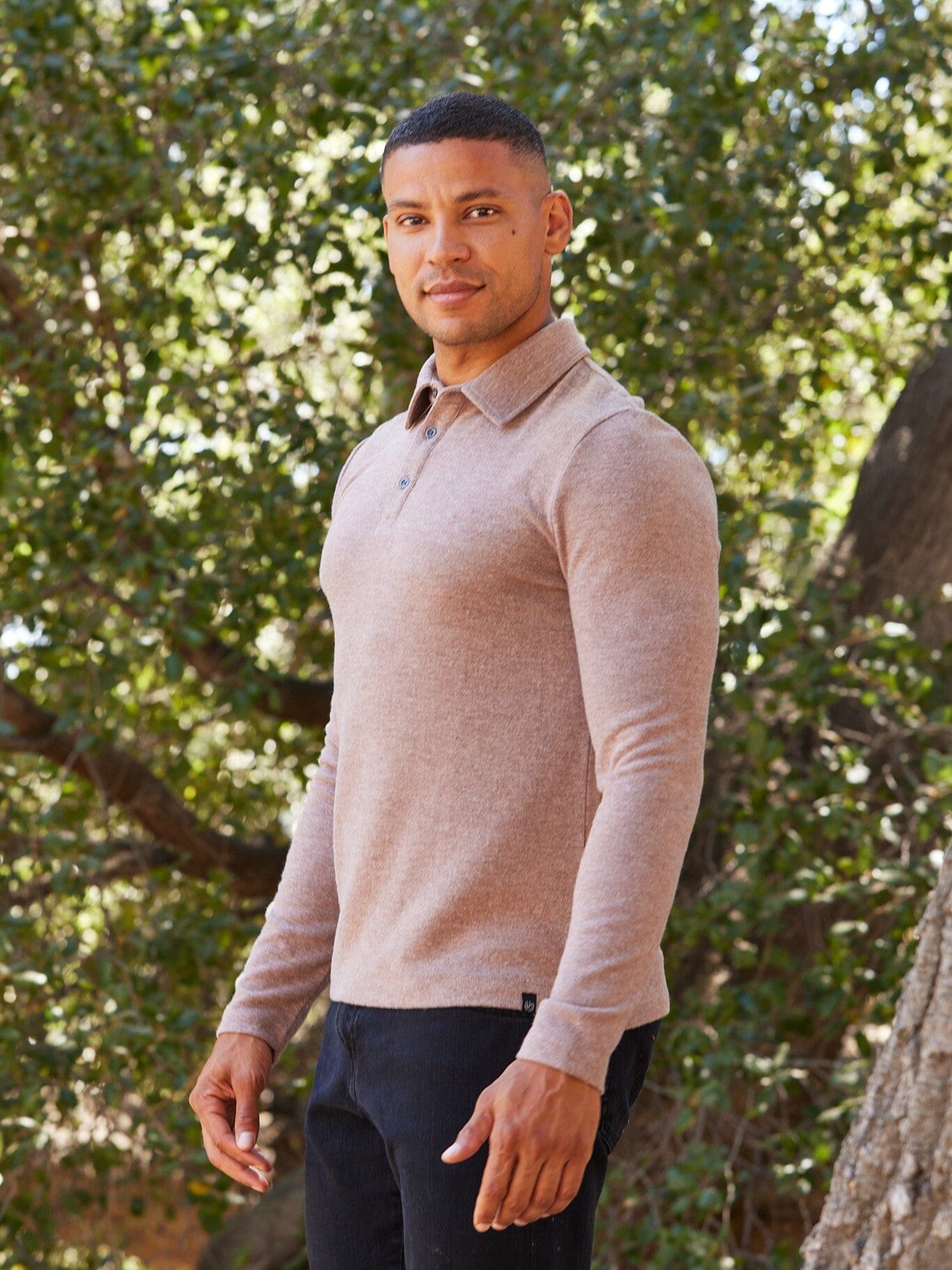 Men's Henrique long sleeve sweater knit polo in solid taupe and brown