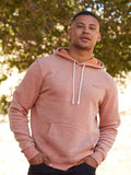 Men's embroidered triblend fleece hoodie in rust color, highlighting the brushed-back fleece texture.