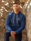 Close up of Embroidered Triblend Fleece Hoodie showing soft brushed-back fabric texture and embroidery detail.