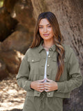 Close up of Abbey Stretch Twill Jacket showing the textured fabric and structured fit