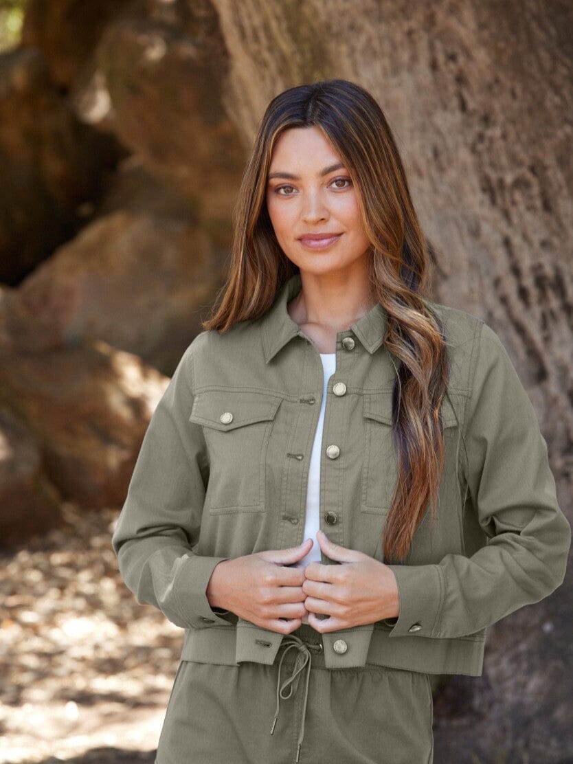 Close up of Abbey Stretch Twill Jacket showing the textured fabric and structured fit