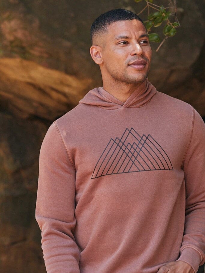 Men's Mineral Wash Graphic Hoodie in rust, featuring a soft fleece finish