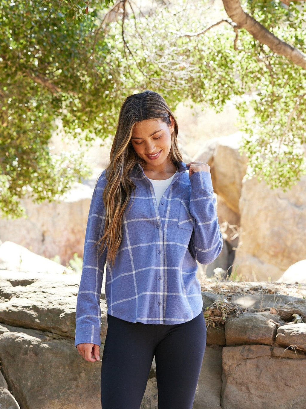 Kandyce Prairie Plaid Knit Fleece Button-Up shirt in a soft, comfortable fabric