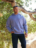 Unisex oversized triblend fleece hoodie in purple and blue-grey showing minimalist streetwear aesthetic
