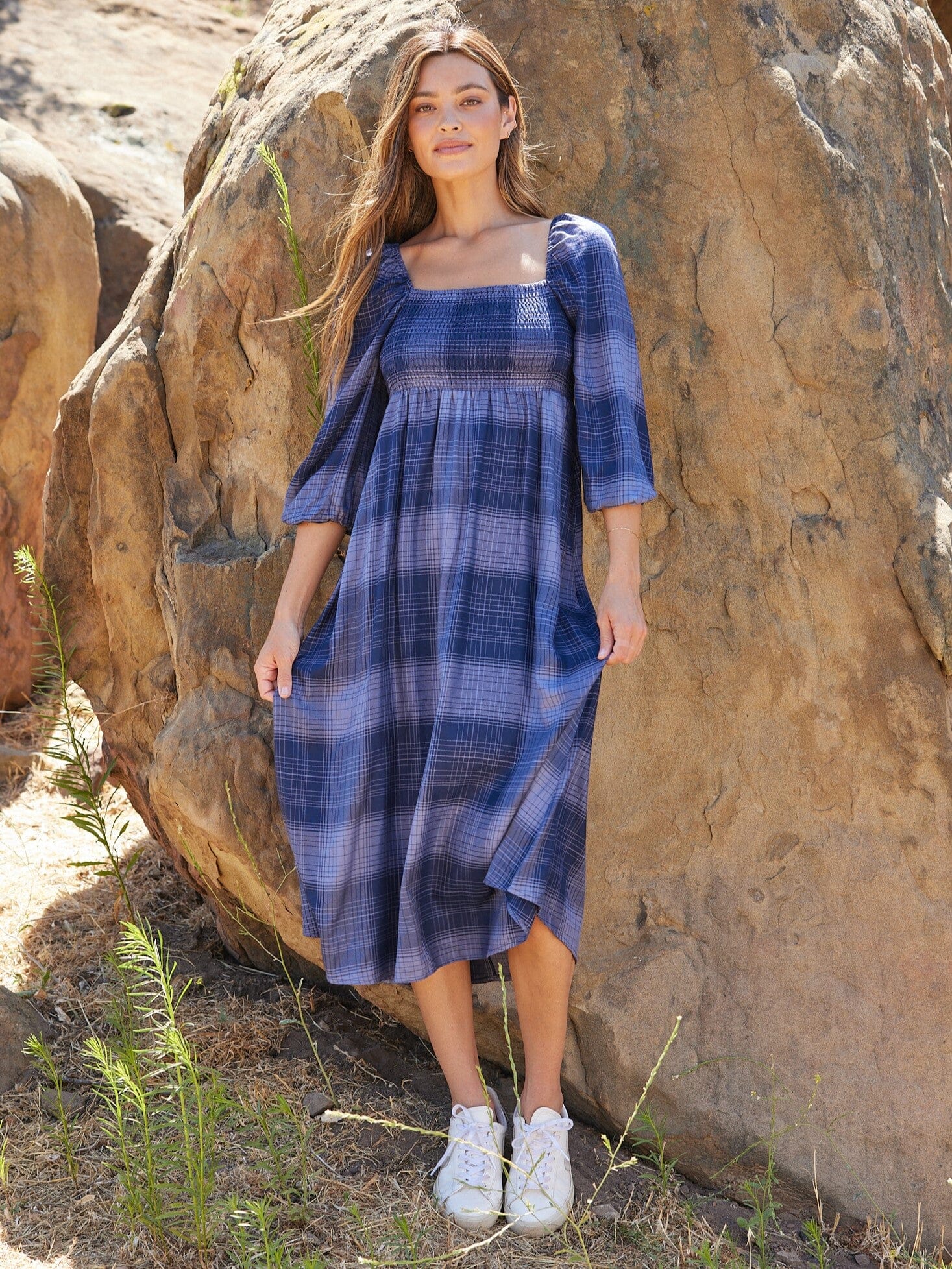 Faye Sierra midi dress in blue and navy plaid with square neckline and three-quarter sleeves