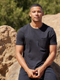 Close-up of a men's black organic cotton slub jersey pocket t-shirt.
