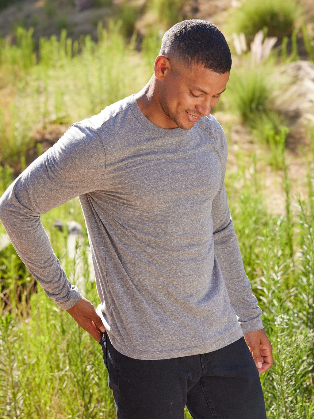 Tucker Triblend Long Sleeve Crew in athletic fit featuring an elevated neck band.