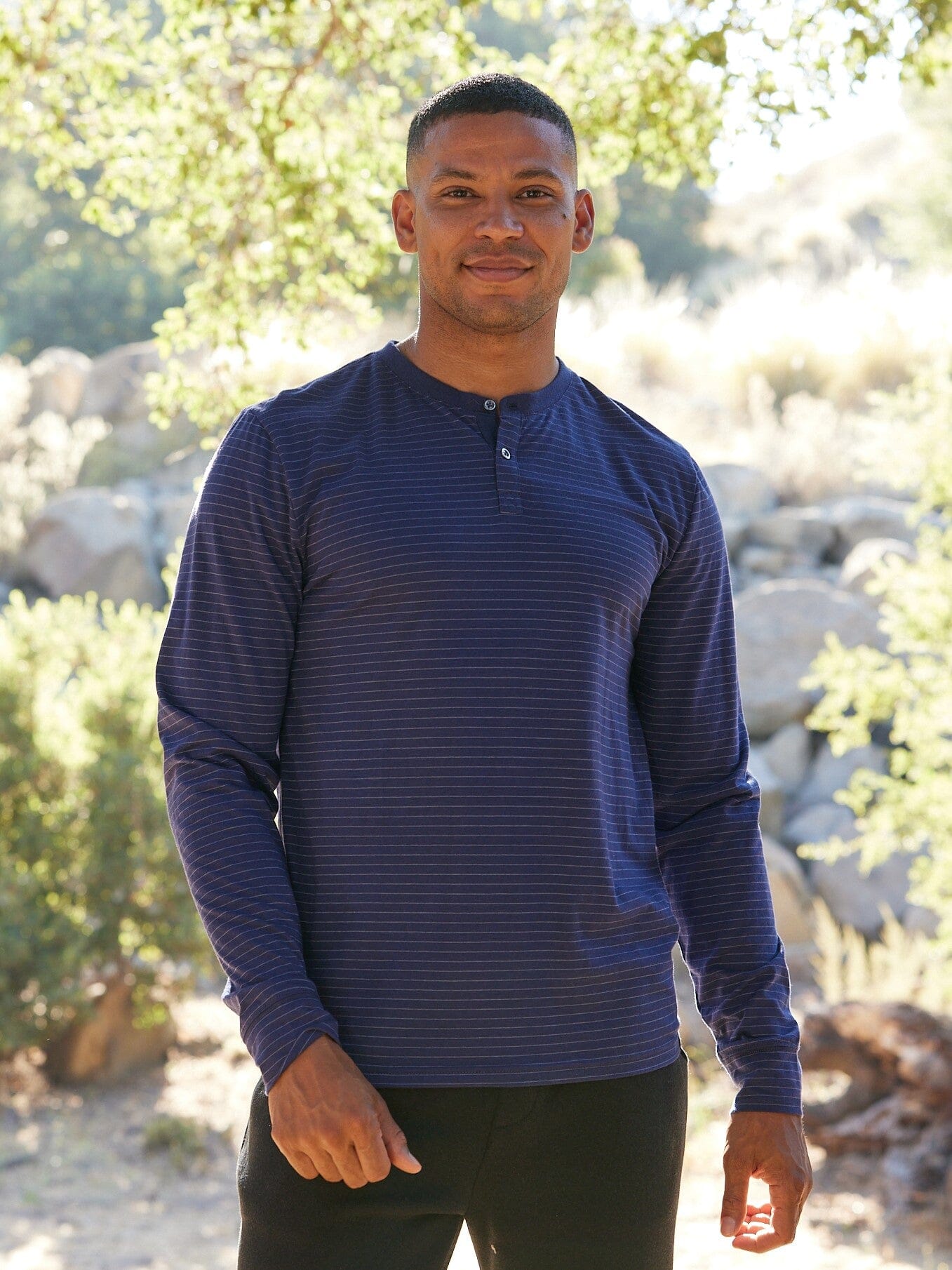 Close up of Torryn Triblend Stripe Jersey Long Sleeve Contrast Henley in soft jersey fabric