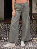 A pair of Eila stretch twill wide leg cargo pants in olive green with a relaxed fit and pull-on closure.