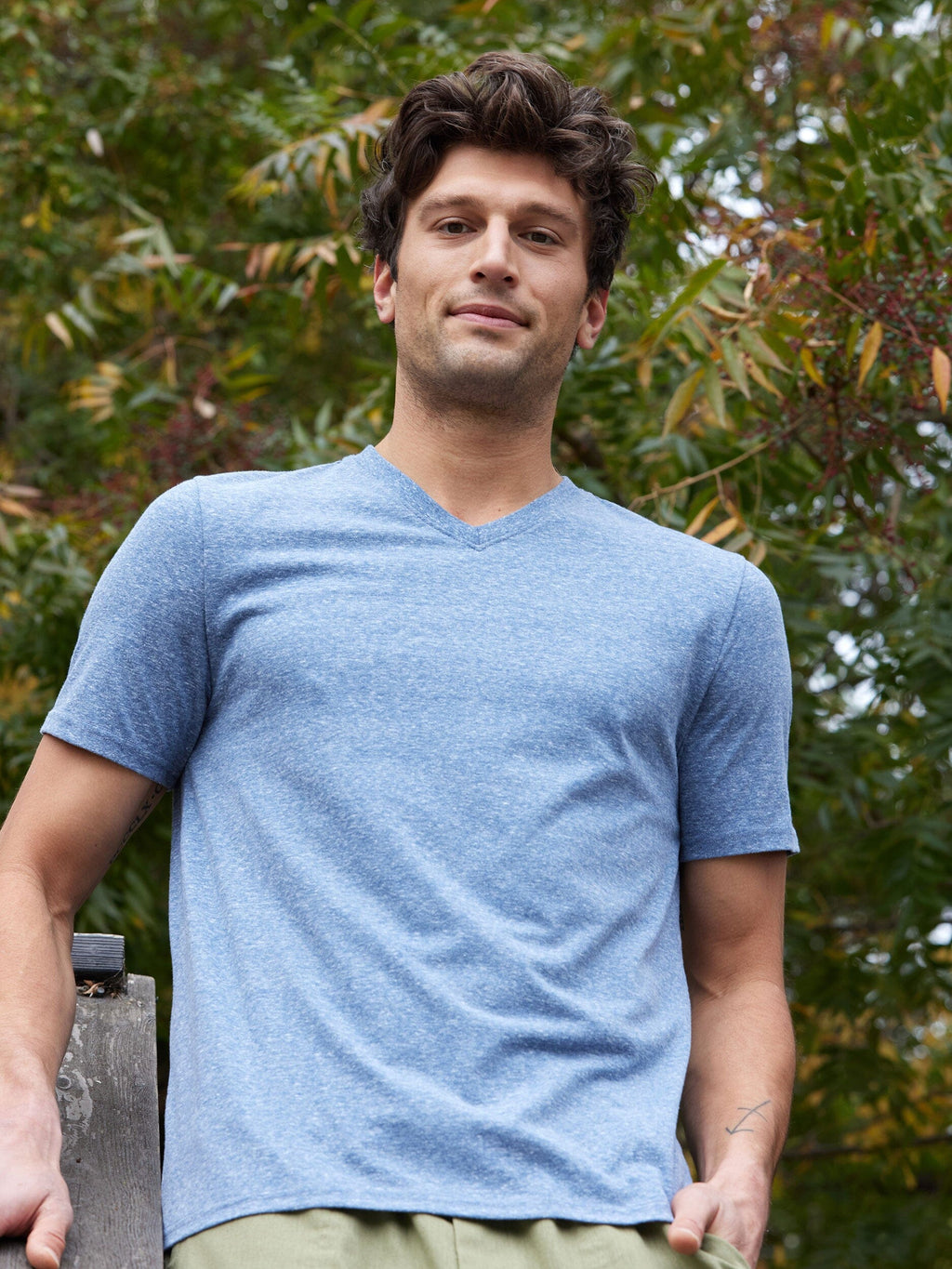 Close up of Men's Core Triblend V-Neck T-Shirt in soft, lightweight jersey fabric