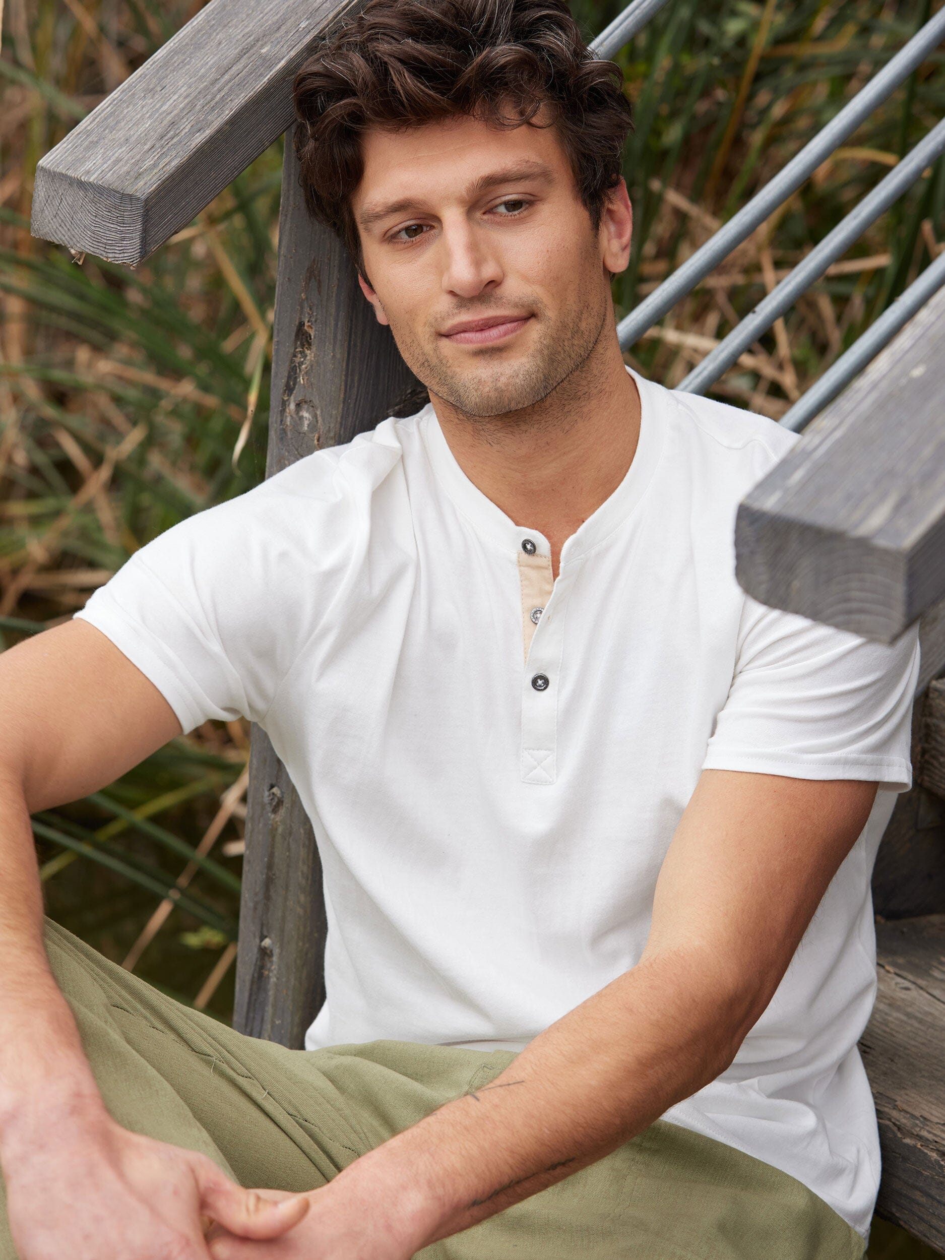 Close up of a Chester Organic Cotton Henley in white with contrast placket